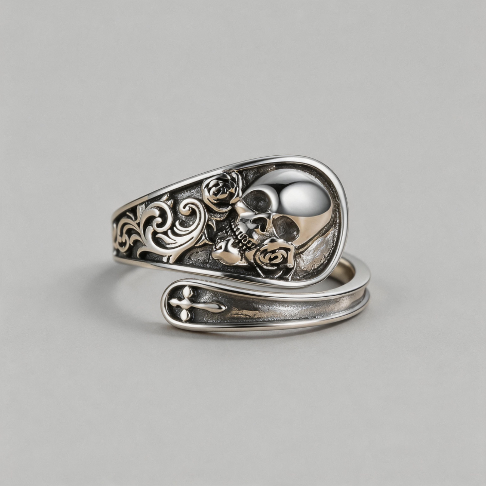 SHADOWED ROSE. Gothic Skull & Rose Wrap Ring - Silver