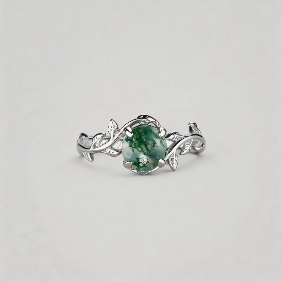 UNTAMED WHISPERS. Natural Moss Agate Intertwined Ivy Talisman Ring - Silver