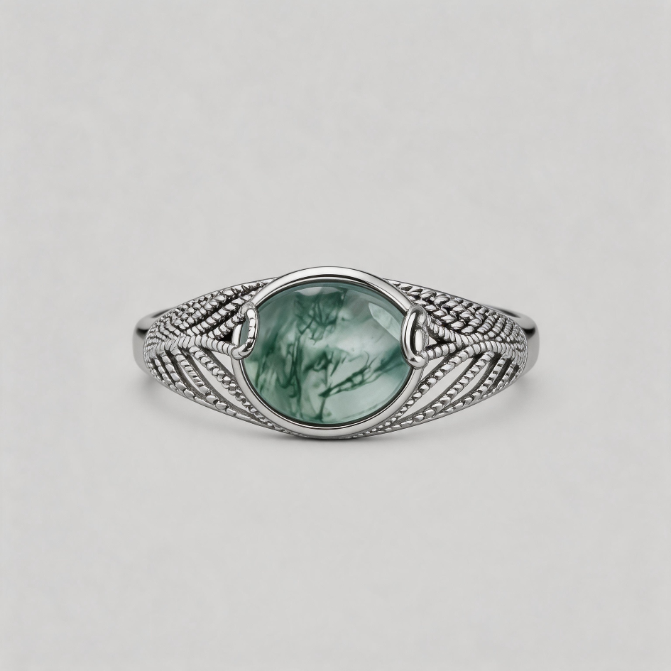 ETERNAL VEIL. Moss Agate Braided Ring - Silver