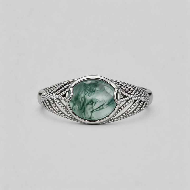 ETERNAL VEIL. Moss Agate Braided Ring - Silver