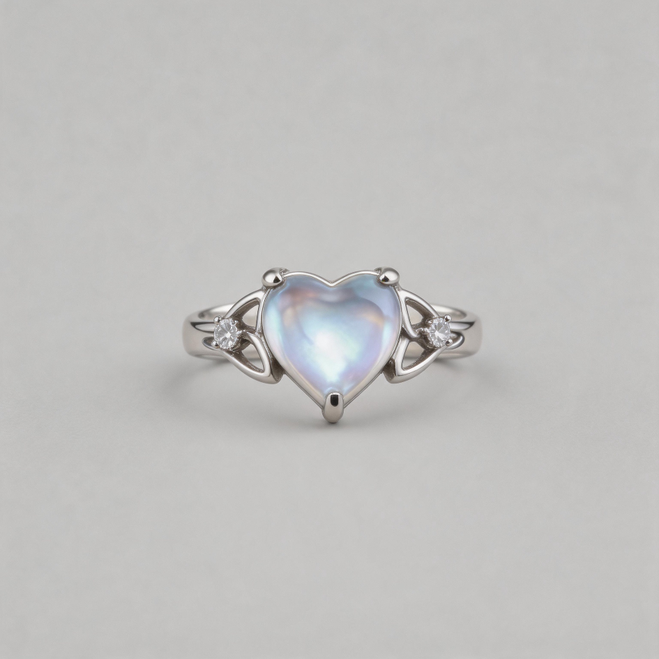 AURORAL SEEKER. Trinity Knot & Iridescent Heart Ring - Silver