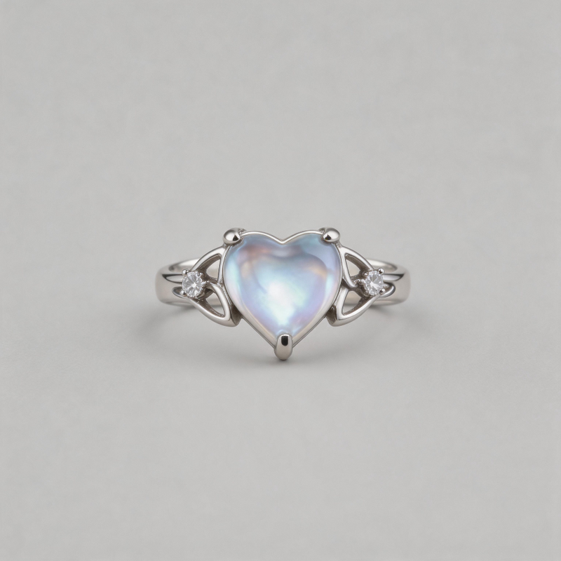 AURORAL SEEKER. Trinity Knot & Iridescent Heart Ring - Silver