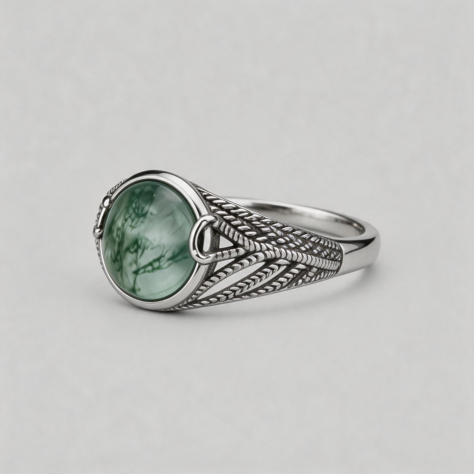 ETERNAL VEIL. Moss Agate Braided Ring - Silver