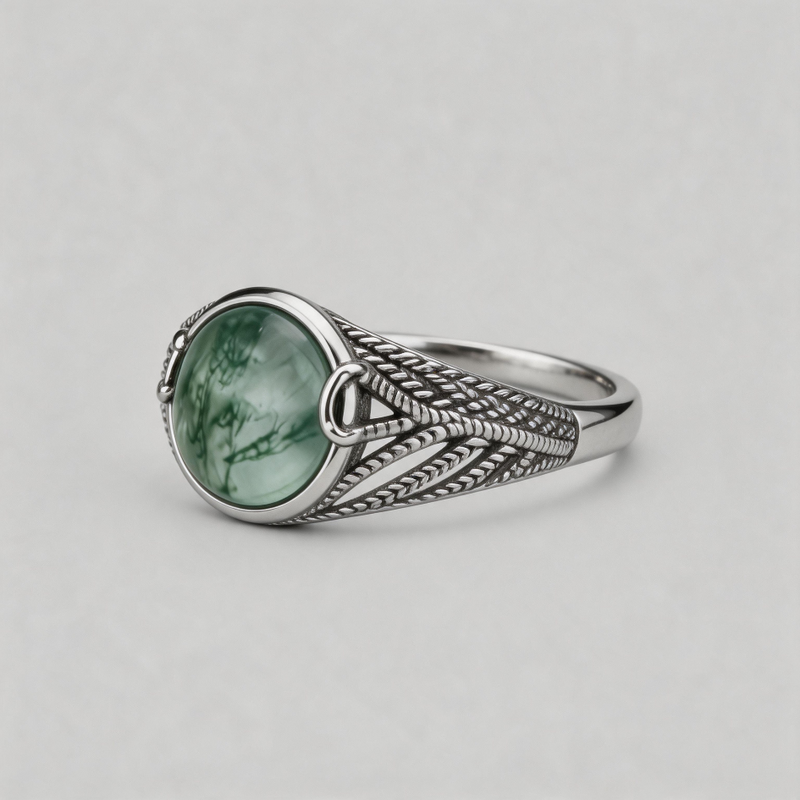 ETERNAL VEIL. Moss Agate Braided Ring - Silver