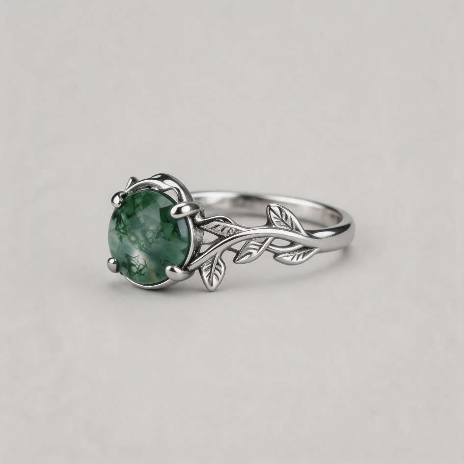 UNTAMED WHISPERS. Natural Moss Agate Intertwined Ivy Talisman Ring - Silver