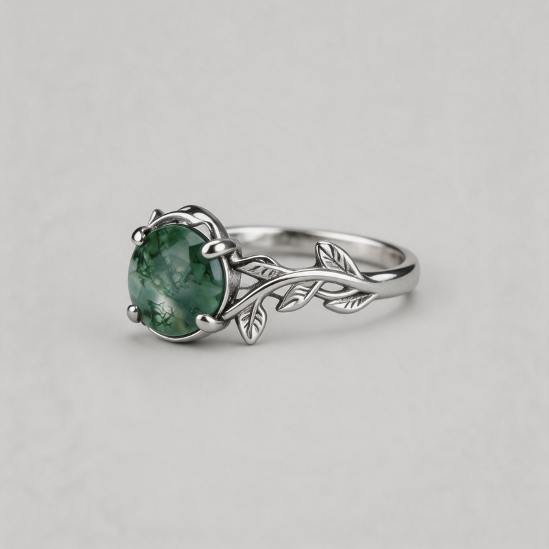UNTAMED WHISPERS. Natural Moss Agate Intertwined Ivy Talisman Ring - Silver