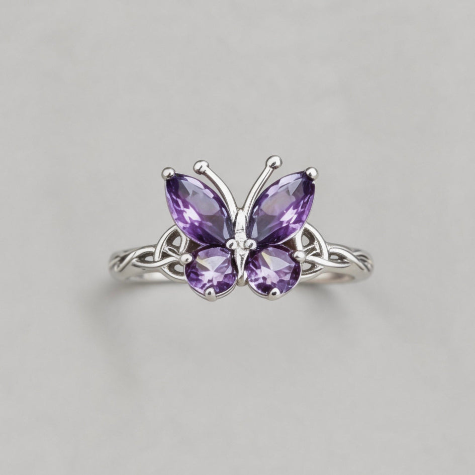 ETERNAL FLIGHT. Celtic Purple Butterfly Knot Ring - Silver