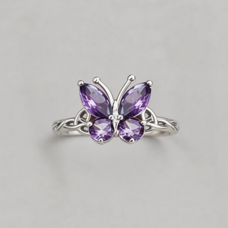 ETERNAL FLIGHT. Celtic Purple Butterfly Knot Ring - Silver