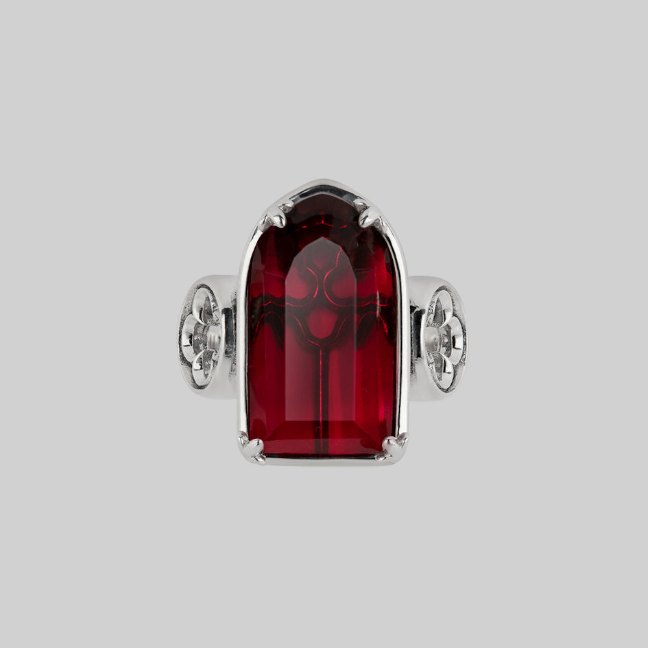 ALTAR. Gothic Arch Red Glass Ring - Silver