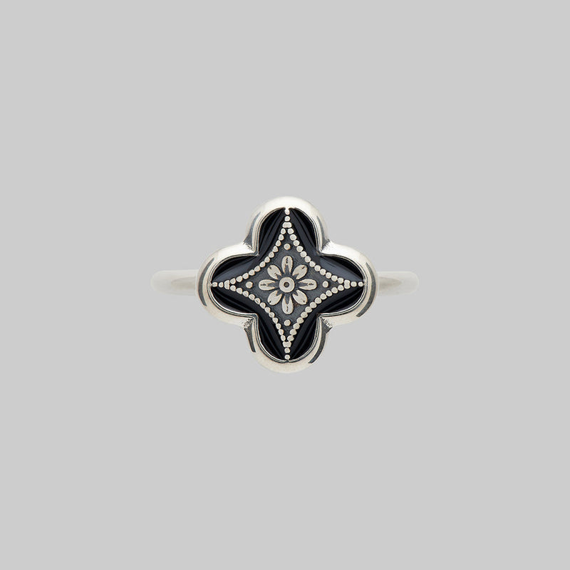 ANNIE. Tudor Crest Black Enamel Ring - Silver