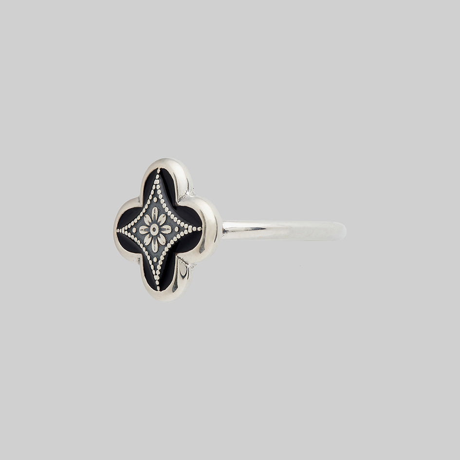 ANNIE. Tudor Crest Black Enamel Ring - Silver