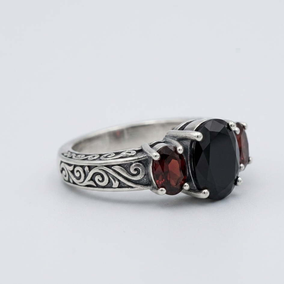 CRIMSON NOCTURNE.Gothic Vintage Onyx & Garnet S925 Silver Ring
