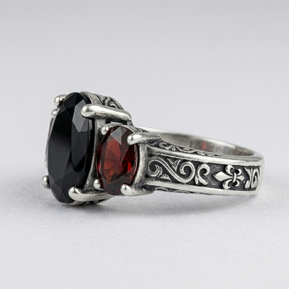 CRIMSON NOCTURNE.Gothic Vintage Onyx & Garnet S925 Silver Ring