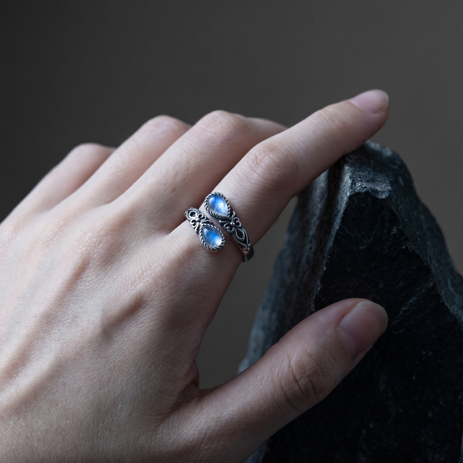 TWIN MOONBEAMS. Baroque Engraved Dual Pear-Cut Opal Ring - Silver