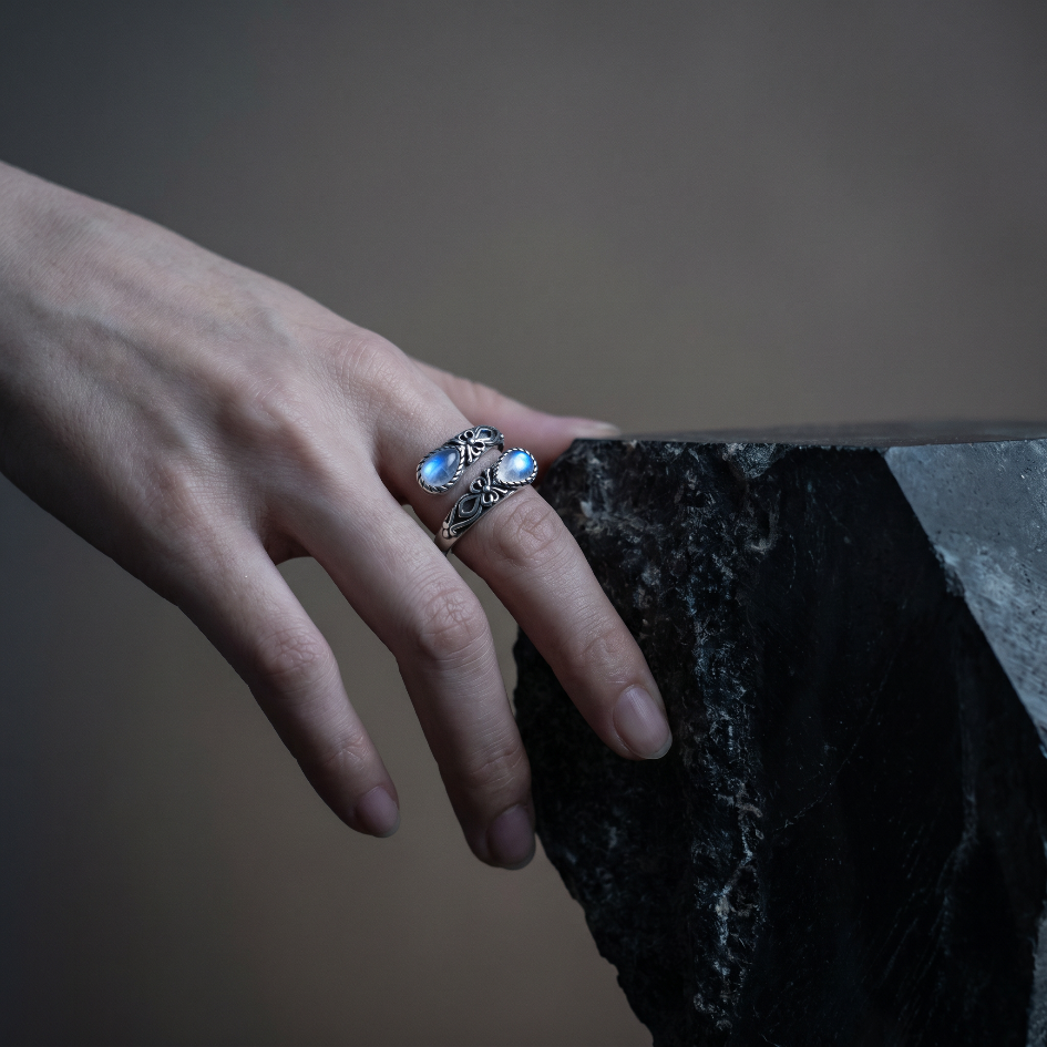 TWIN MOONBEAMS. Baroque Engraved Dual Pear-Cut Opal Ring - Silver