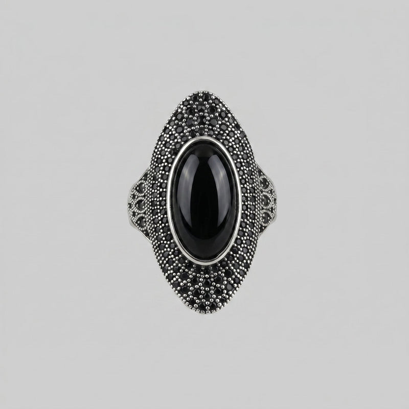 NOCTURNAL POEM. Vintage Marquise-Cut Black Onyx Ring - Silver
