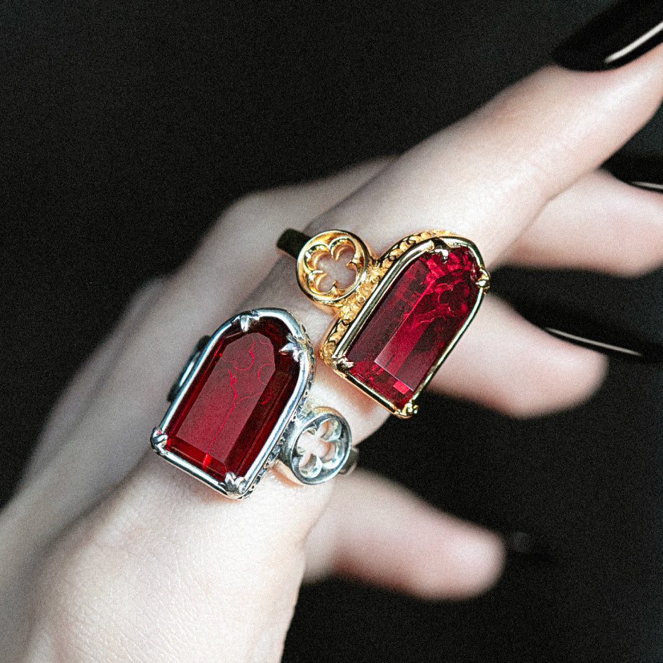 ALTAR. Gothic Arch Red Glass Ring - Silver