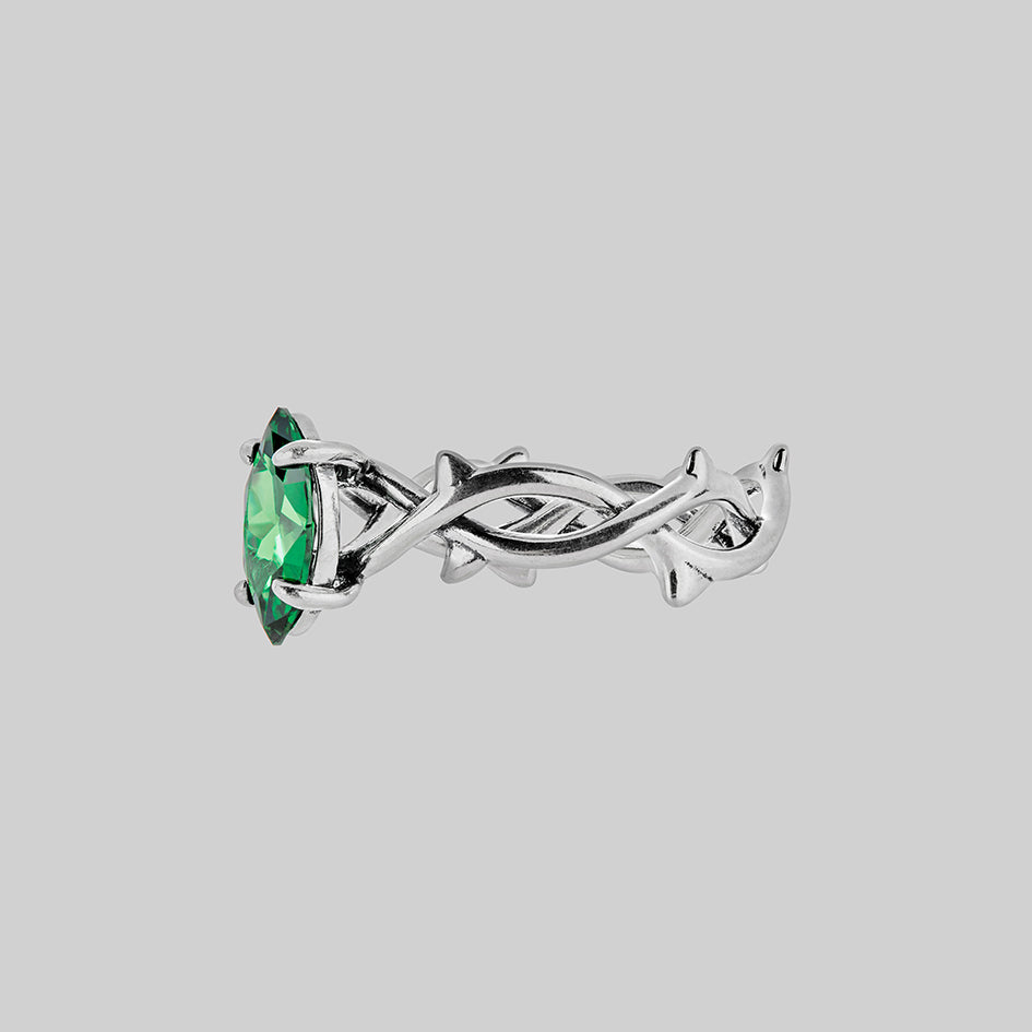 REVIVAL. Green CZ Thorn Band Ring - Silver