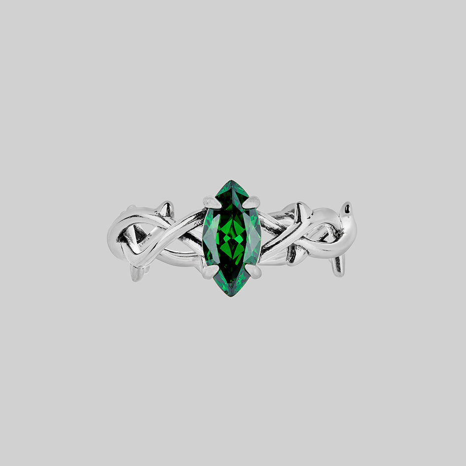 REVIVAL. Green CZ Thorn Band Ring - Silver