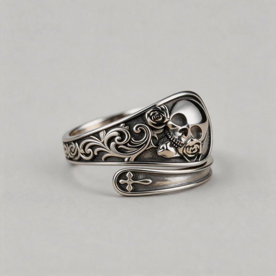 SHADOWED ROSE. Gothic Skull & Rose Wrap Ring - Silver