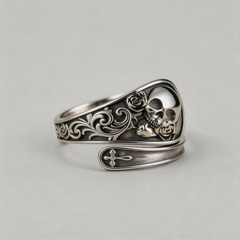 SHADOWED ROSE. Gothic Skull & Rose Wrap Ring - Silver