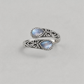 TWIN MOONBEAMS. Baroque Engraved Dual Pear-Cut Opal Ring - Silver