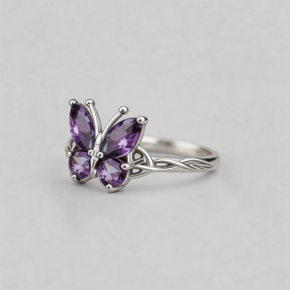 ETERNAL FLIGHT. Celtic Purple Butterfly Knot Ring - Silver