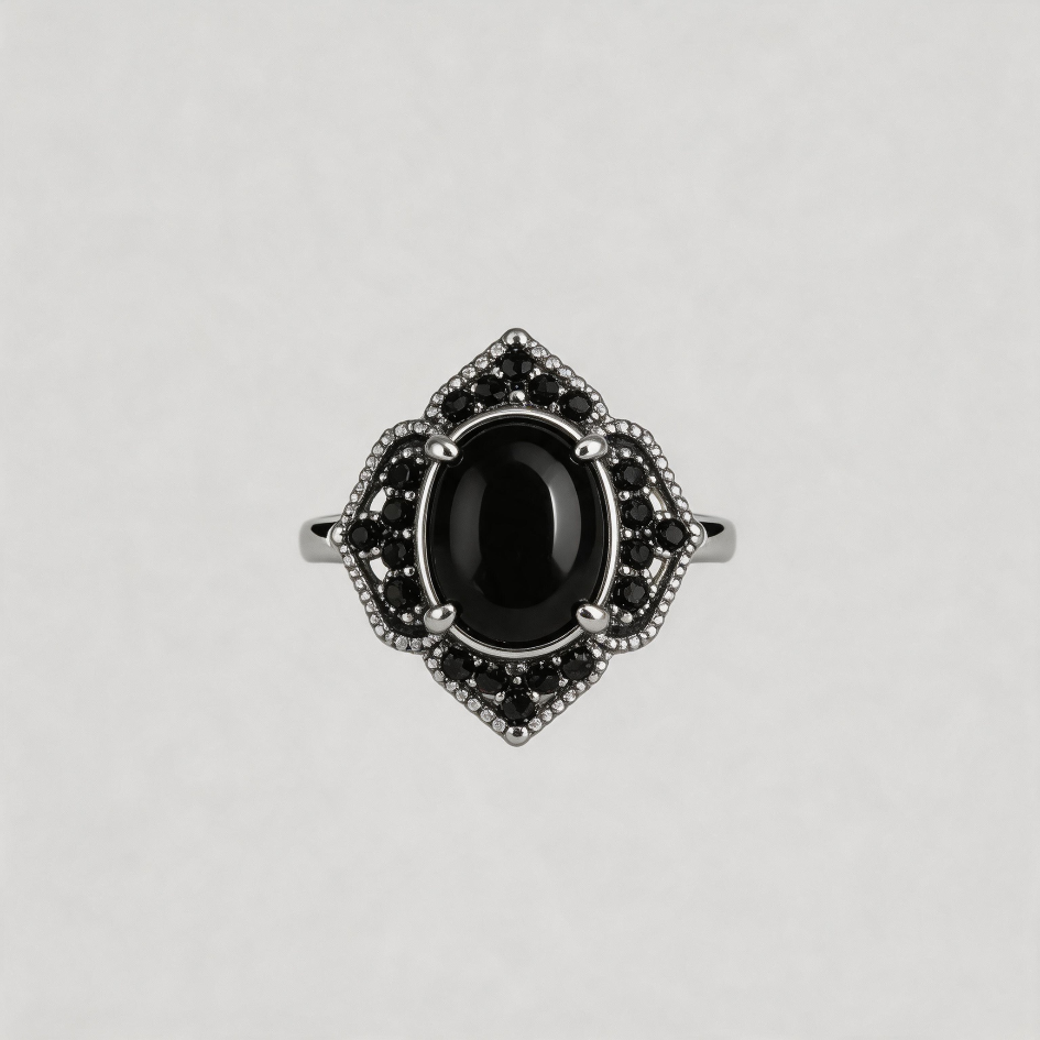 OBSIDIAN STARLIGHT.Vintage Black Onyx Inlay Ring