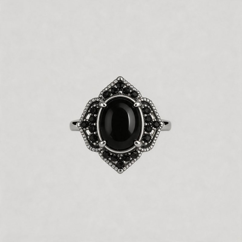 OBSIDIAN STARLIGHT.Vintage Black Onyx Inlay Ring