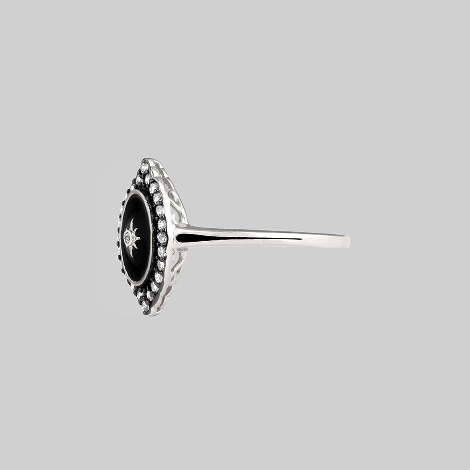 REVERENCE. Oval Black Enamel Crystal Silver Ring