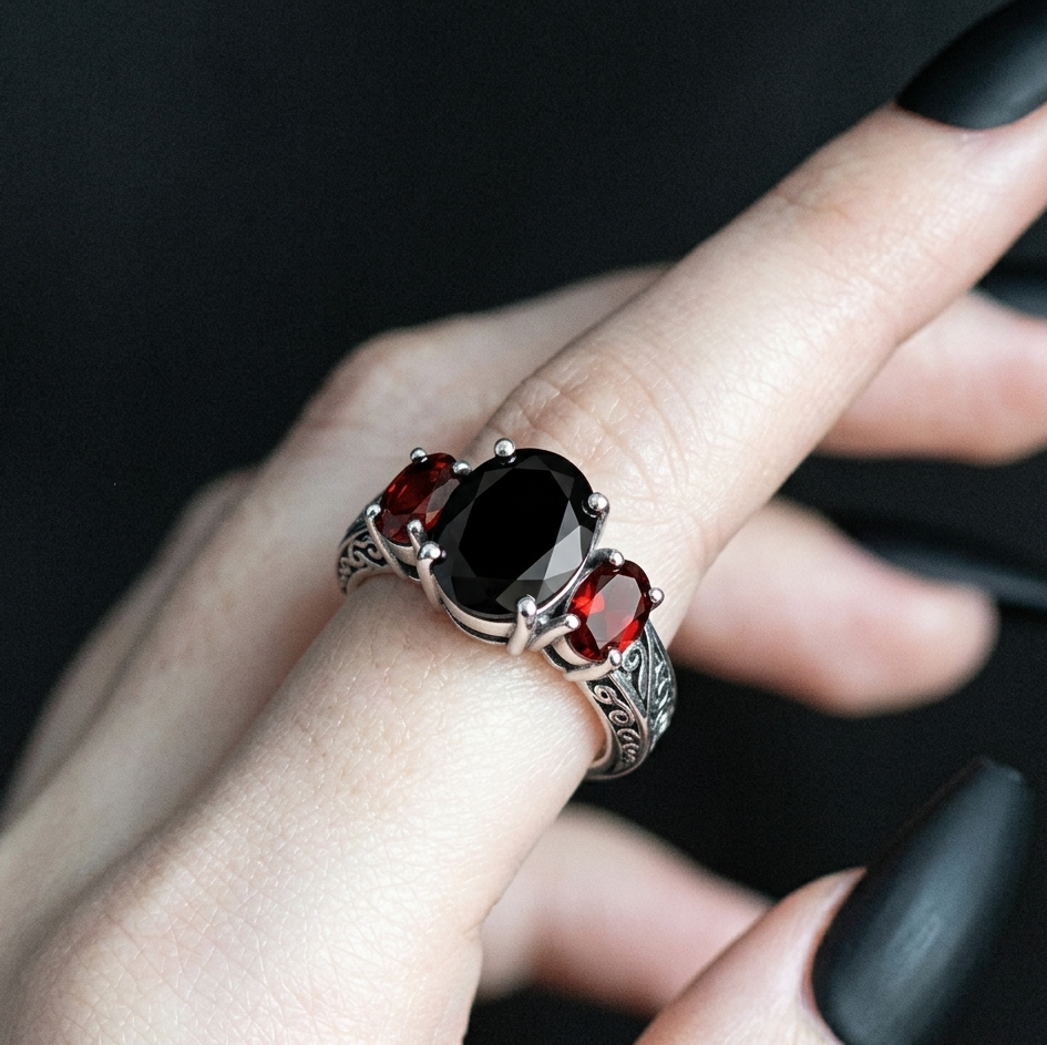 CRIMSON NOCTURNE.Gothic Vintage Onyx & Garnet S925 Silver Ring